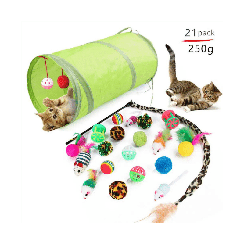 Kit 21 brinquedos para gato + Túnel - Conforto Dos Patudos
