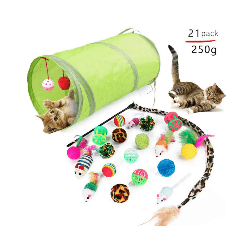 Kit 21 brinquedos para gato + Túnel